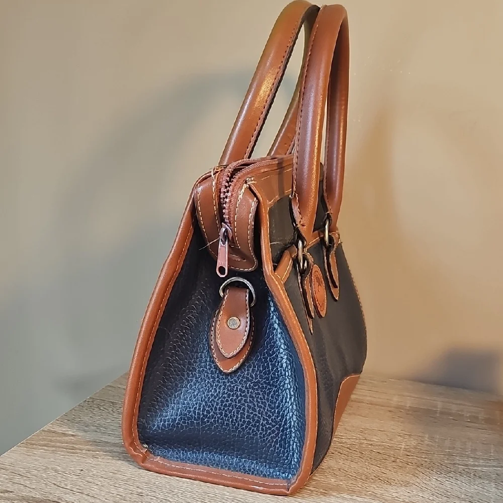 Vintage Dooney & Bourke Navy and Brown Pebbled Leather Satchel Handbag
